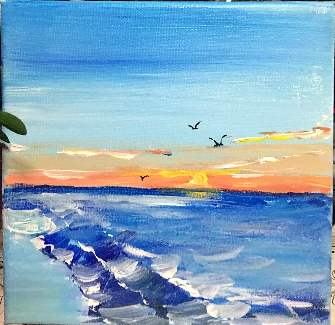 海岸日落，丙烯绘画