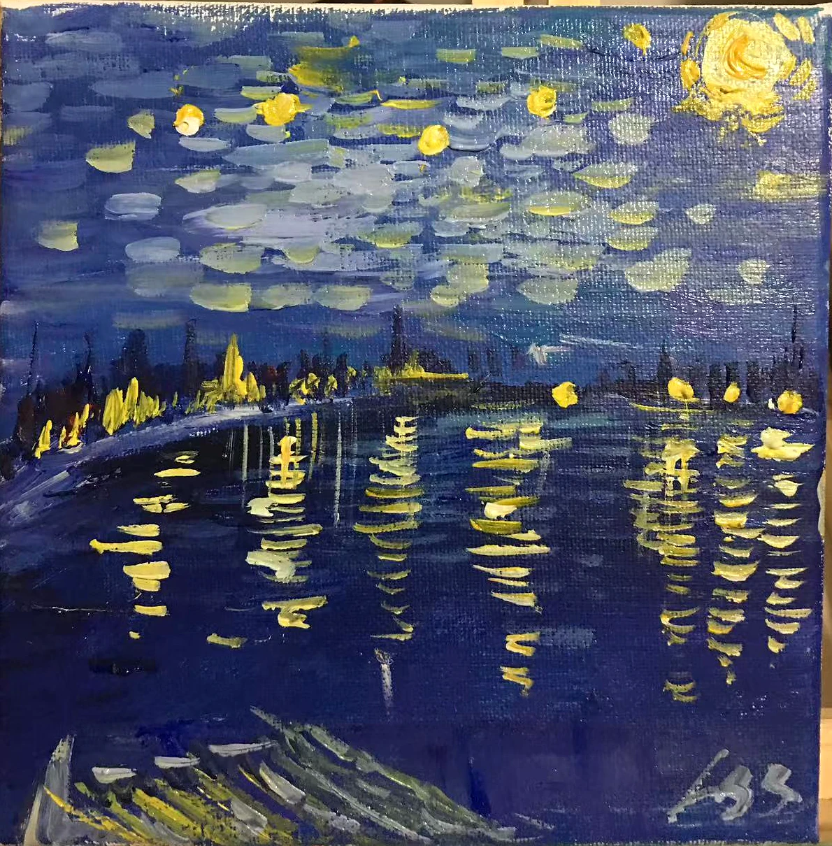 夜色倒影，丙烯绘画